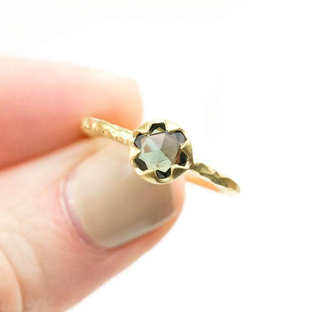 0.74ct Rosecut Teal Green Sapphire in 6 Prong 18k Yellow Gold Low Profile Evergreen Setting