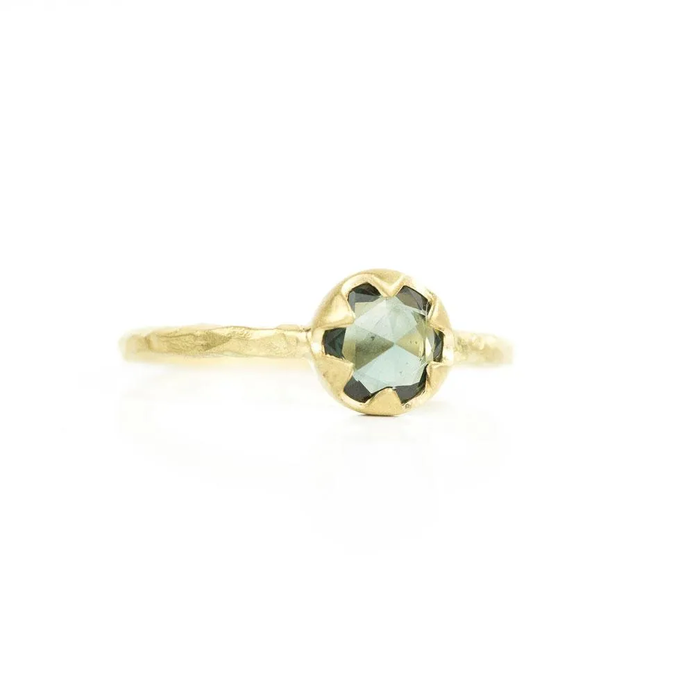 0.74ct Rosecut Teal Green Sapphire in 6 Prong 18k Yellow Gold Low Profile Evergreen Setting