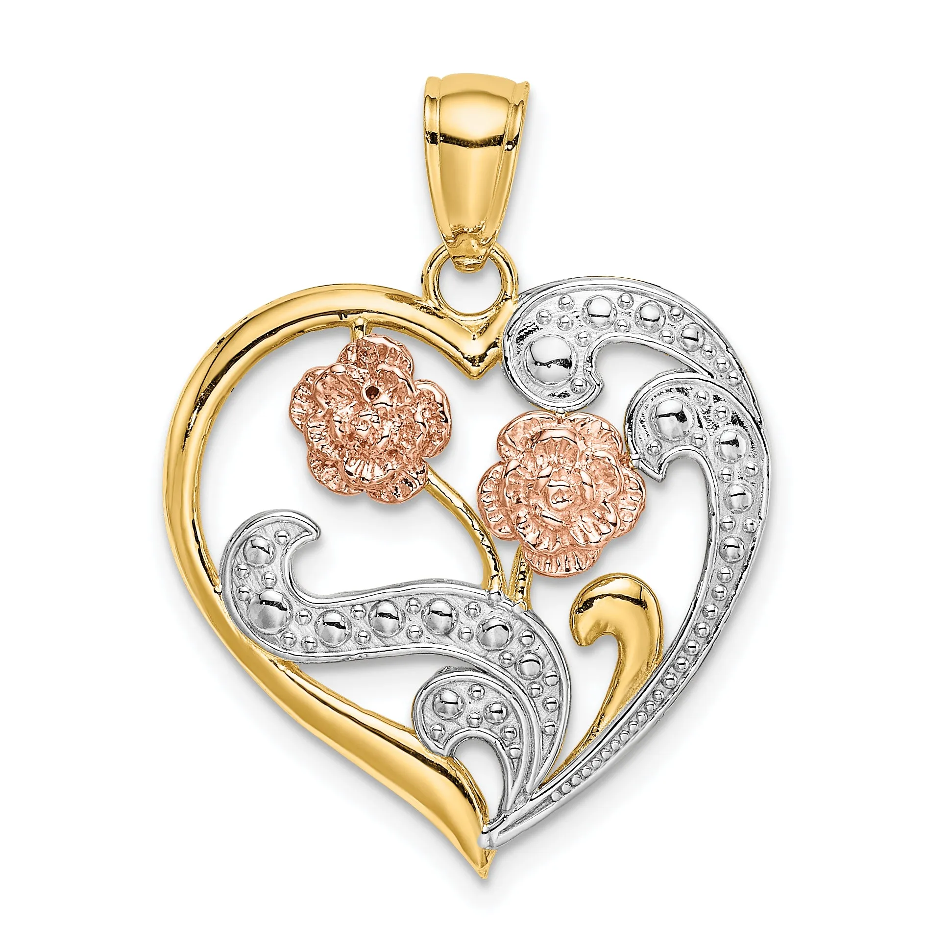 14k Two-Tone Gold Rhodium Flower Heart Pendant