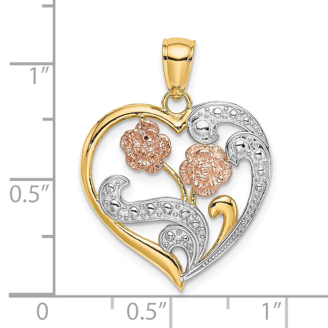 14k Two-Tone Gold Rhodium Flower Heart Pendant