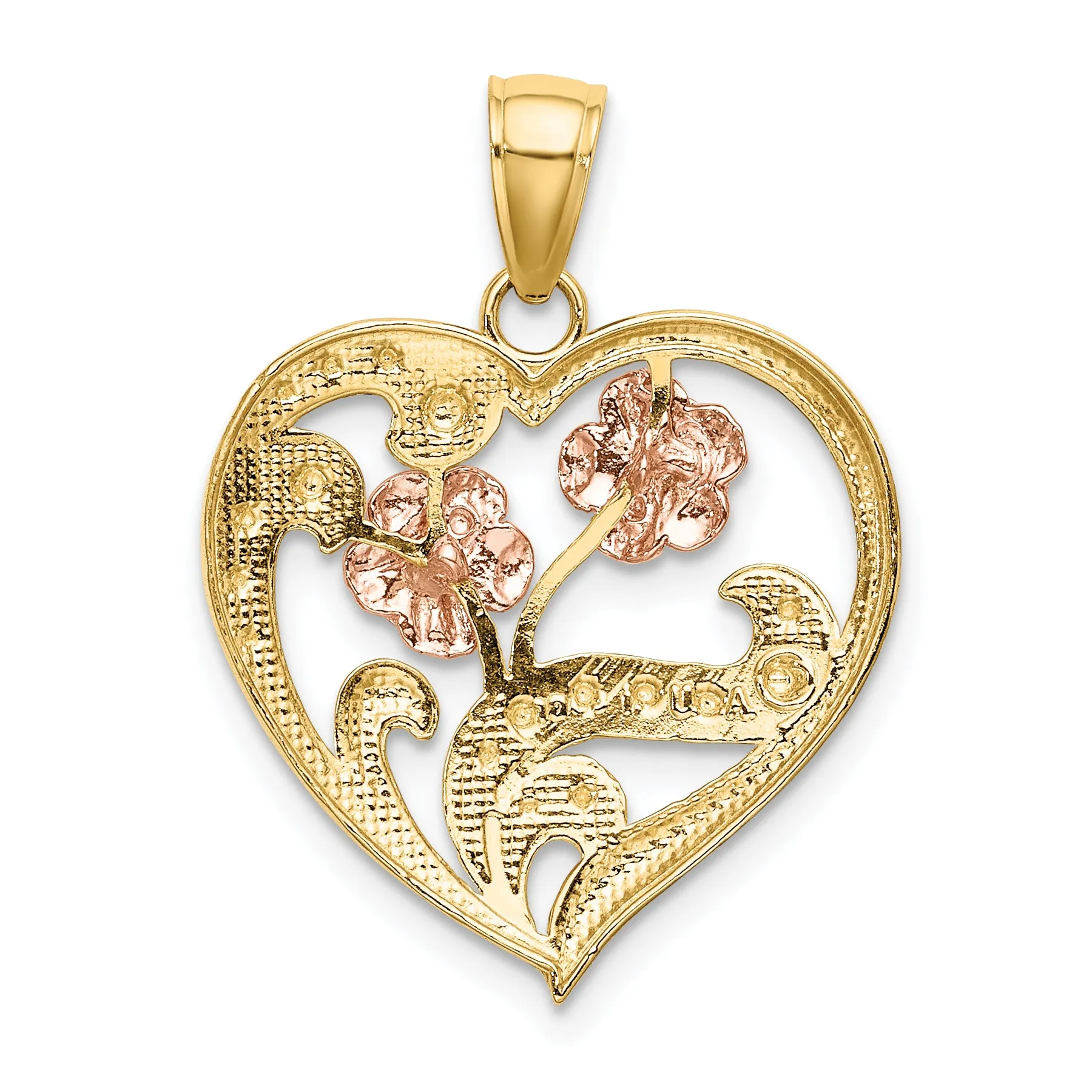 14k Two-Tone Gold Rhodium Flower Heart Pendant