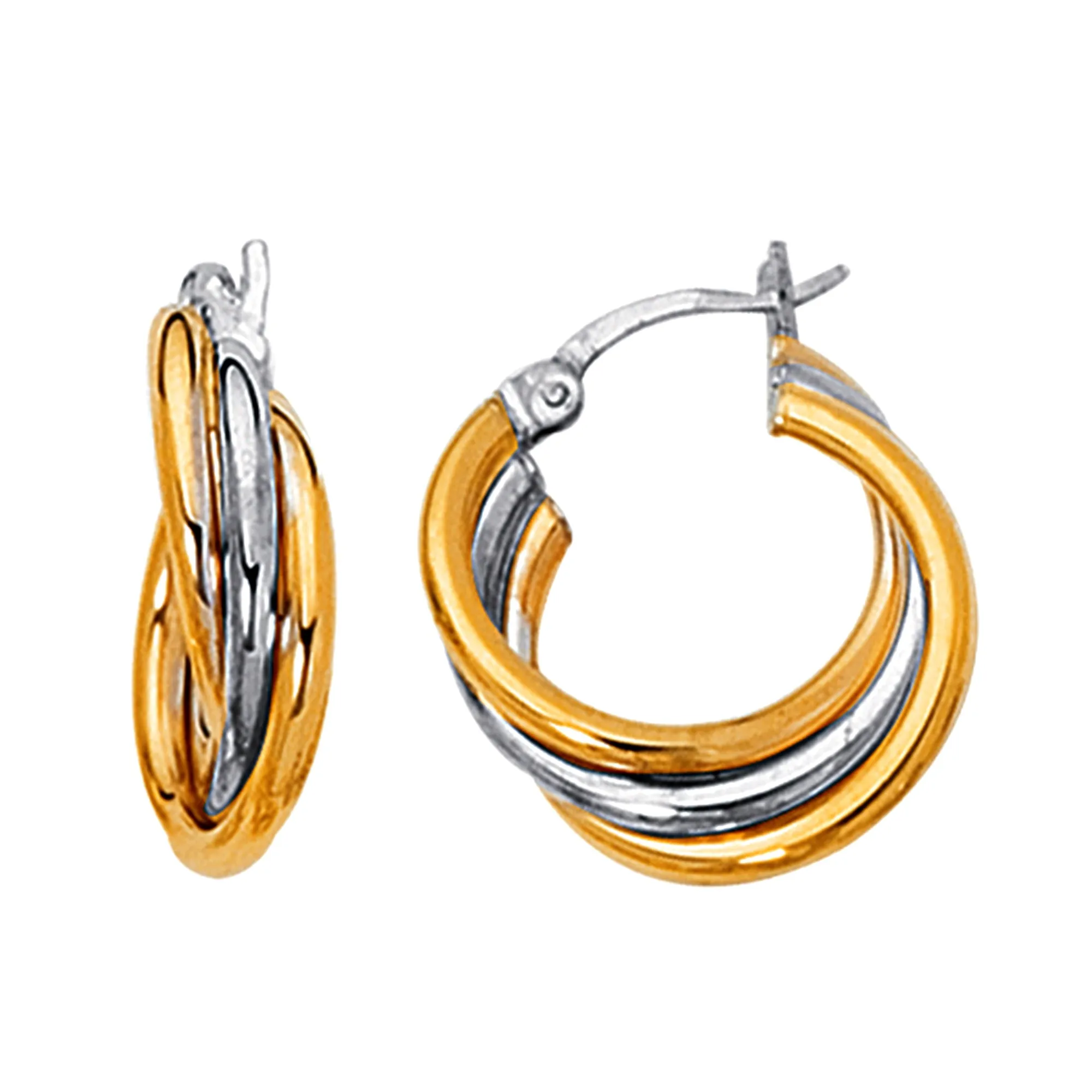 14K Yellow And White Gold Two Tone Triple Row Hoop Earrings, Diameter 20mm