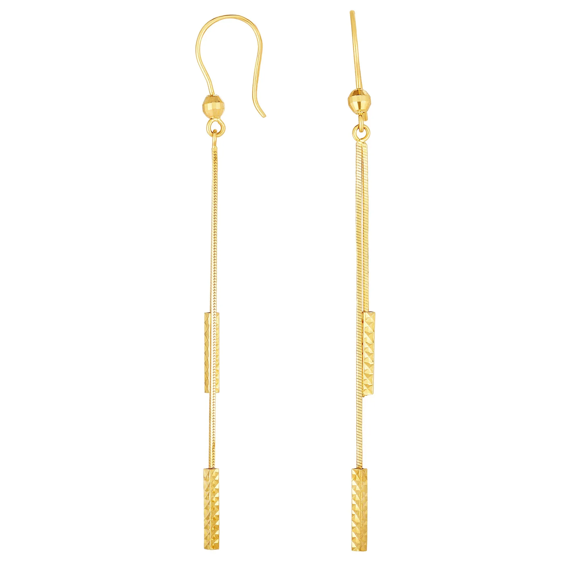 14K Yellow Gold Diamond Cut Tube Cylinders On Chain Drop Earrings