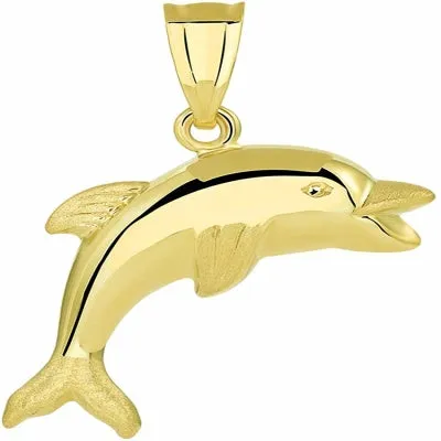 14k Yellow Gold Polished Smiling and Jumping 3D Dolphin Pendant