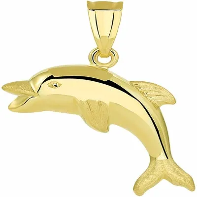 14k Yellow Gold Polished Smiling and Jumping 3D Dolphin Pendant