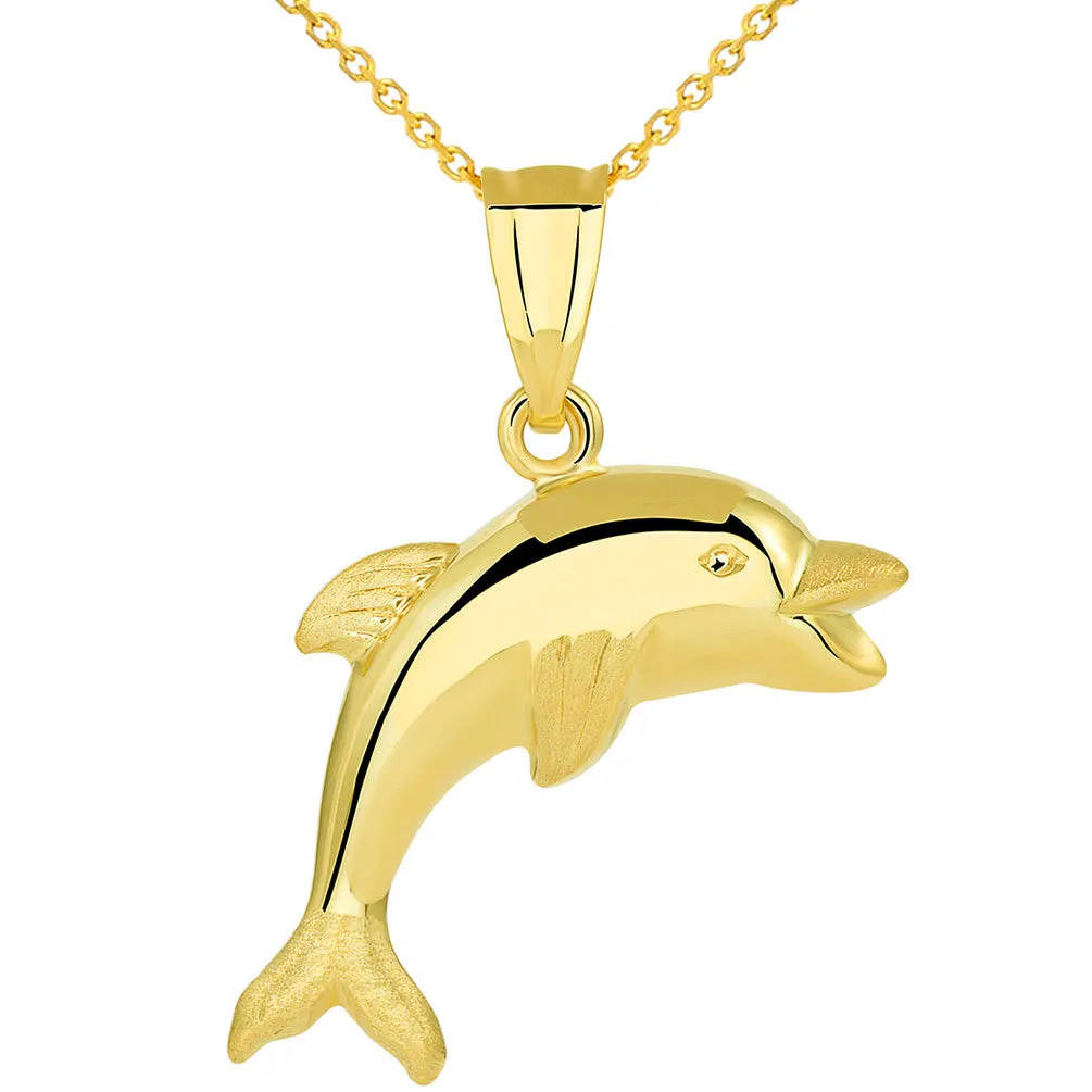 14k Yellow Gold Polished Smiling and Jumping 3D Dolphin Pendant