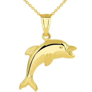 14k Yellow Gold Polished Smiling and Jumping 3D Dolphin Pendant