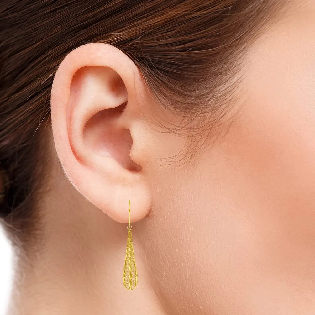 14k Yellow Gold Textured Openwork Teardrop Dangle Drop Earrings, 7.5mm