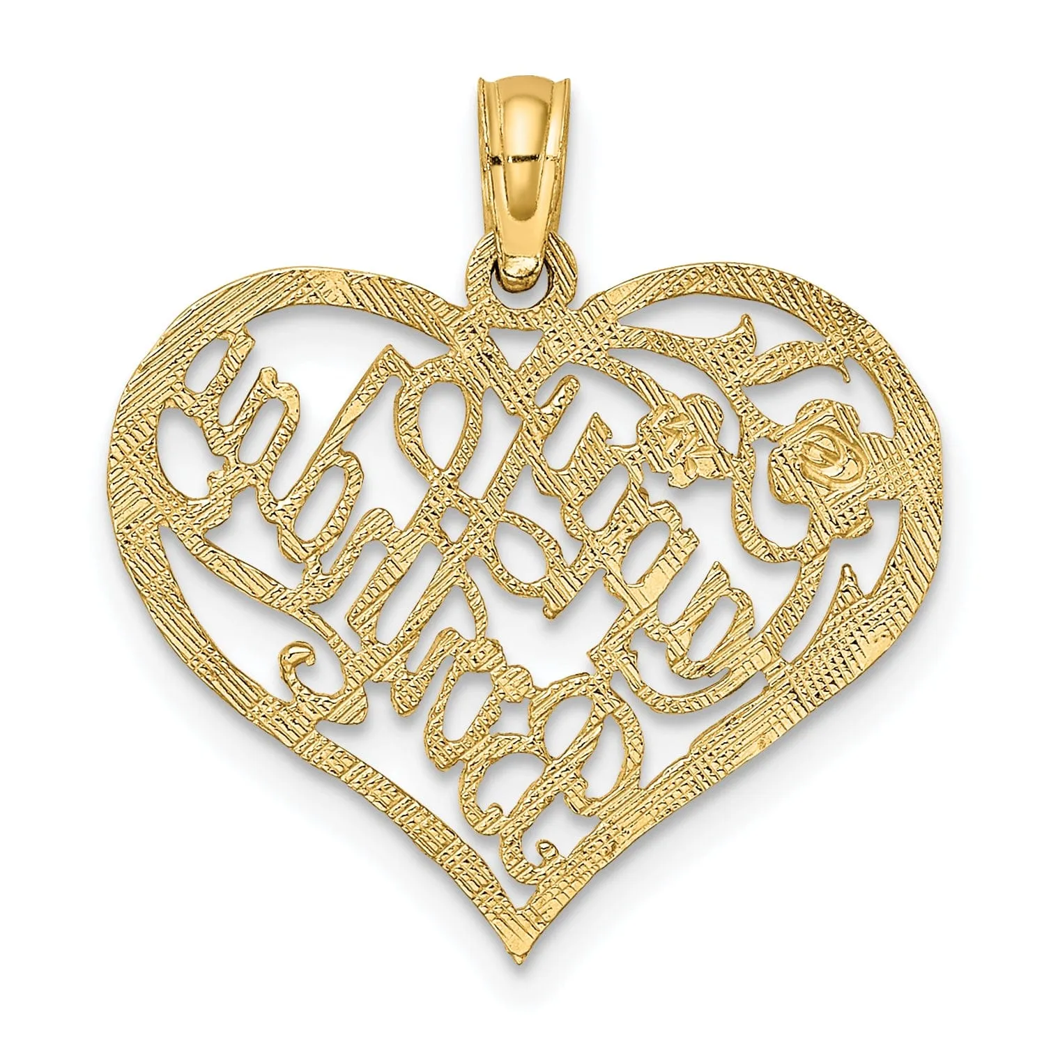 14k Yellw Gold Polished Textured Finish Solid HAPPY BIRTHDAY Script in Heart Shape Flower Design Charm Pendant