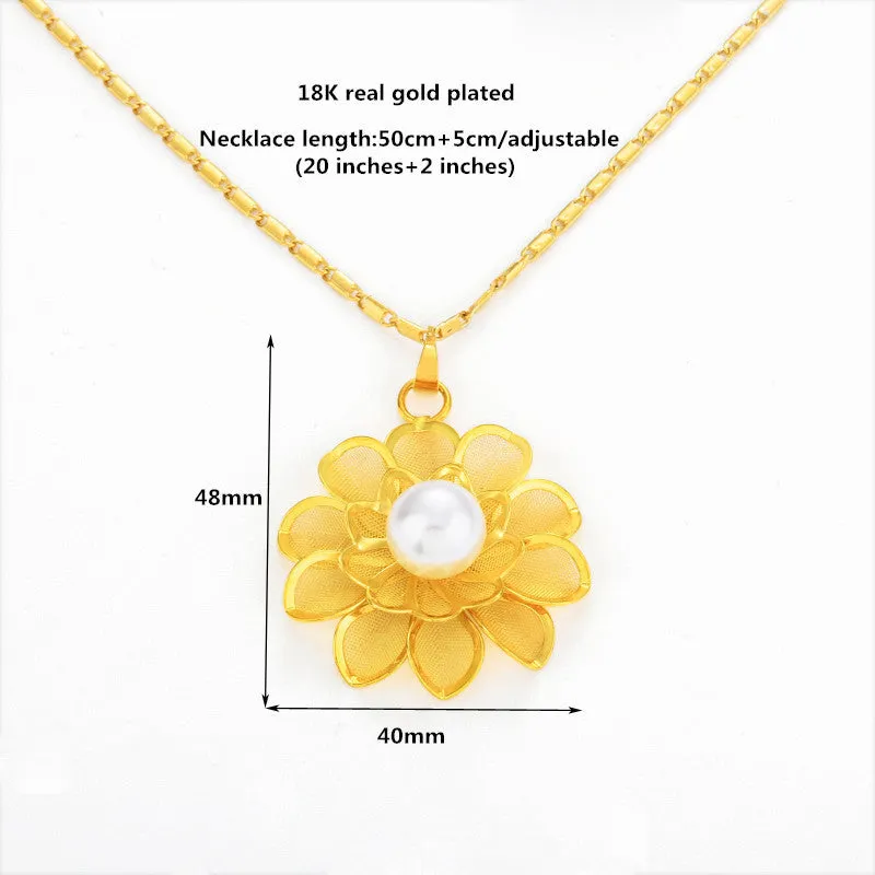 18K gold plated rose and pearl pendant necklace