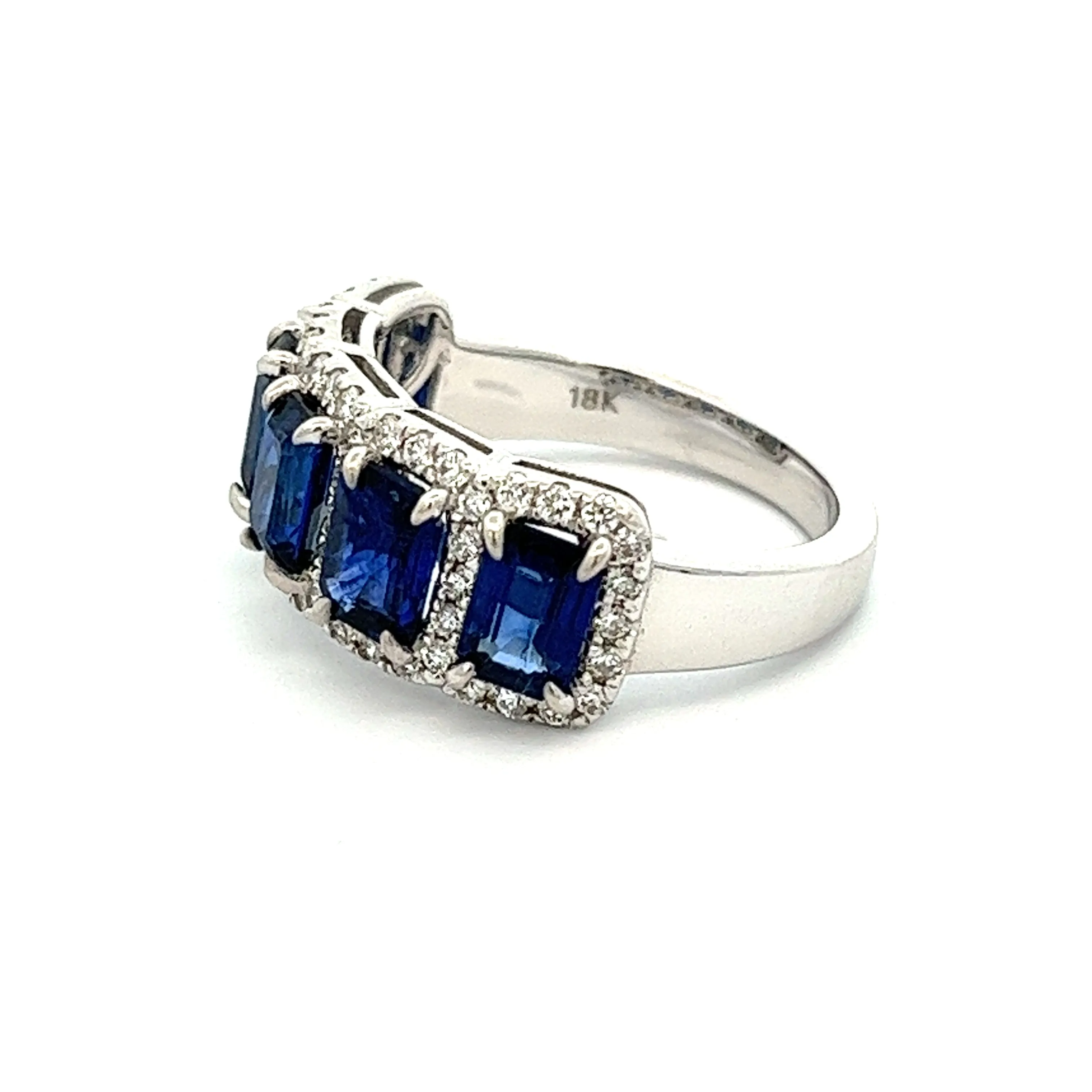 18KT White Gold Emerald Cut Blue Sapphire & Pave Set Round Brilliant Cut Diamond Ring