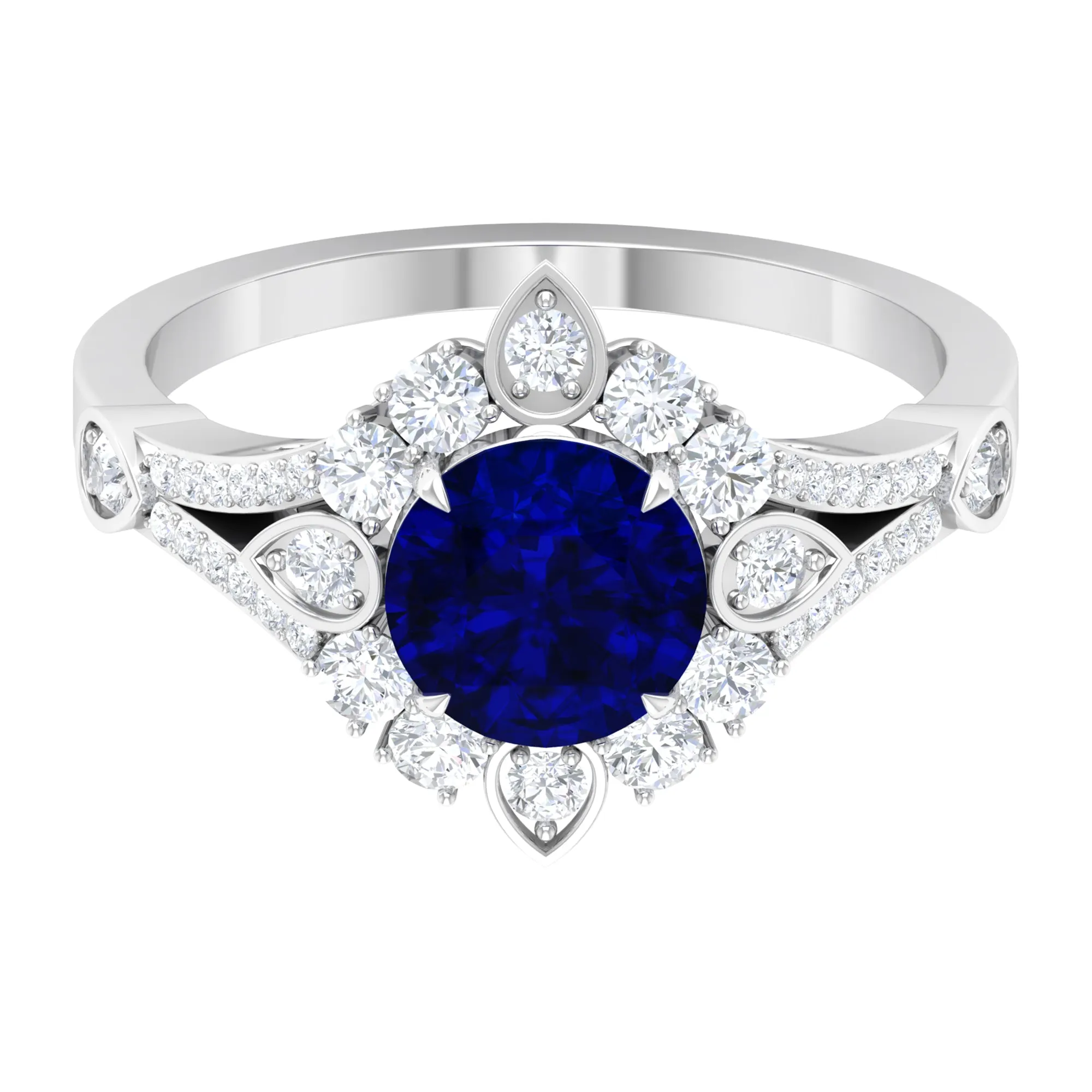 2.50 CT Vintage Inspired Created Blue Sapphire Ring with Zircon Accent