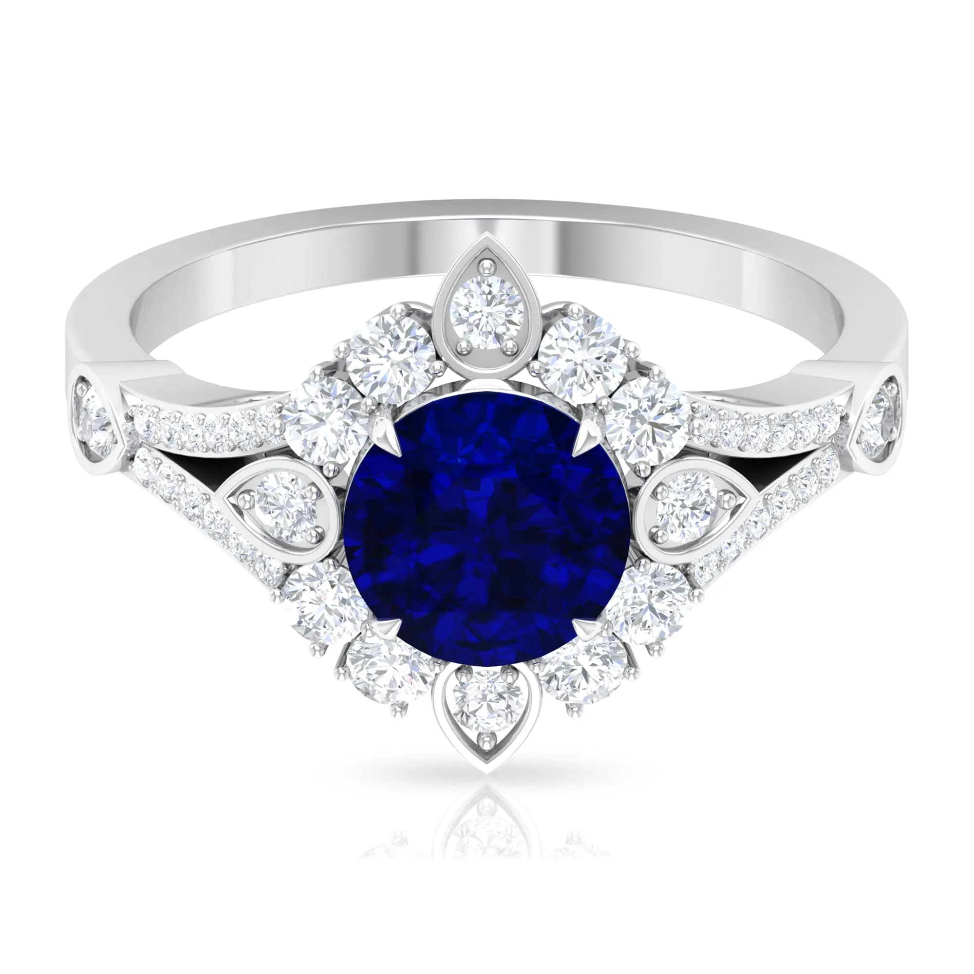 2.50 CT Vintage Inspired Created Blue Sapphire Ring with Zircon Accent