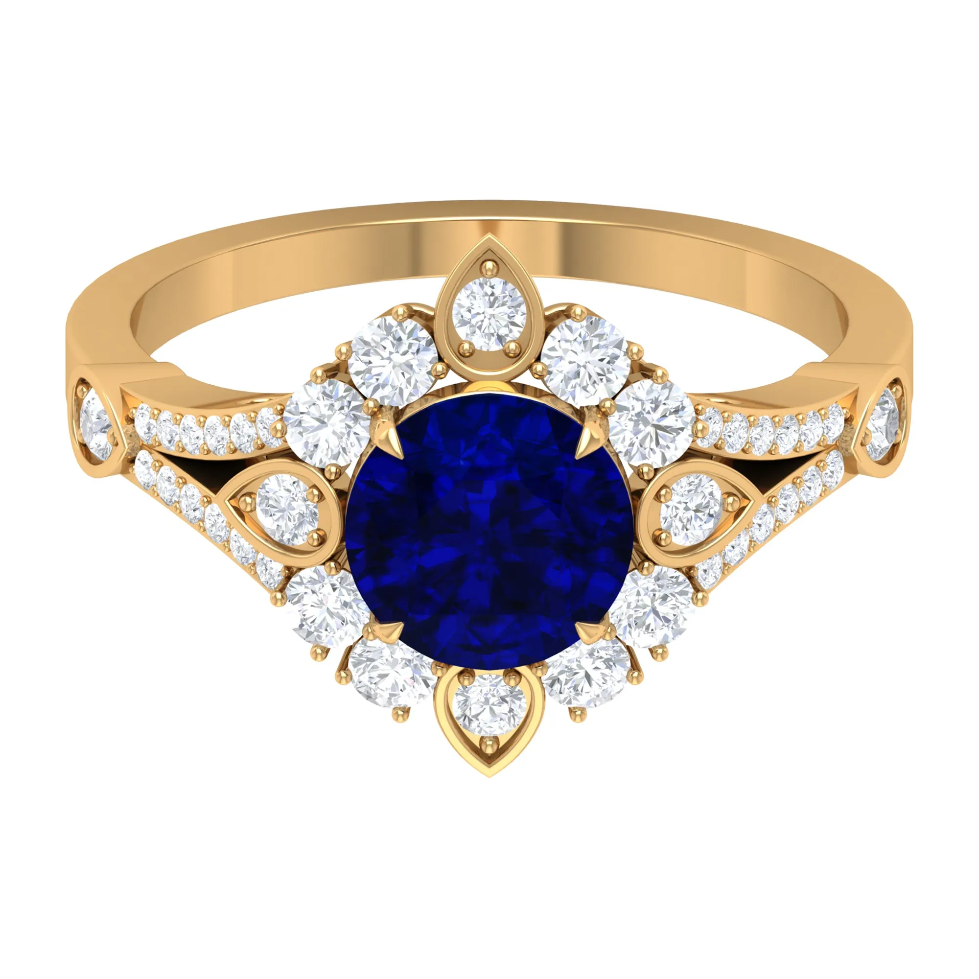 2.50 CT Vintage Inspired Created Blue Sapphire Ring with Zircon Accent