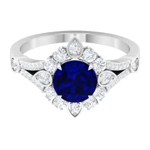 2.50 CT Vintage Inspired Created Blue Sapphire Ring with Zircon Accent