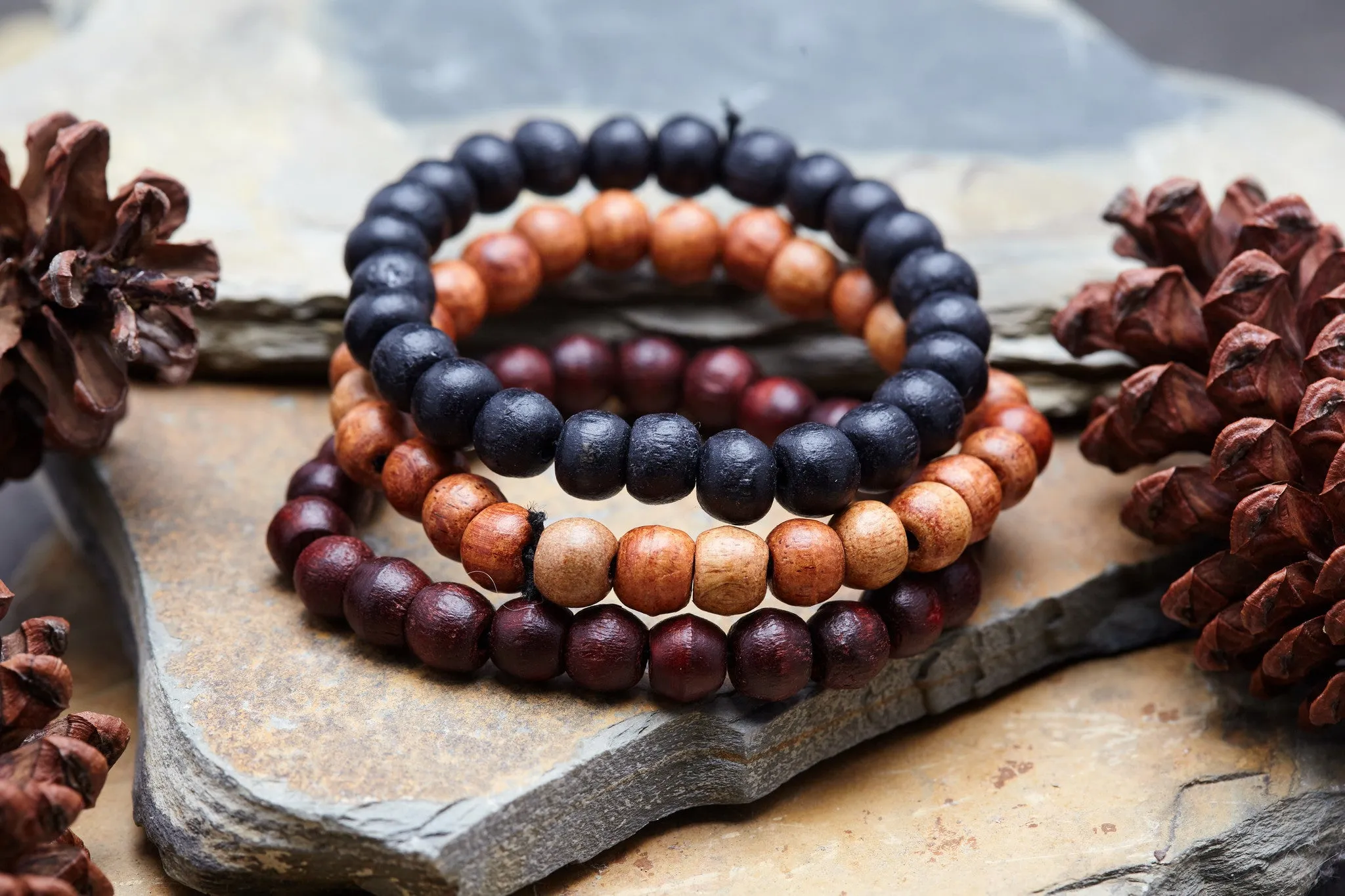 3 Piece Set Handmade Thai Wooden Mala Bead Elastic Bracelets