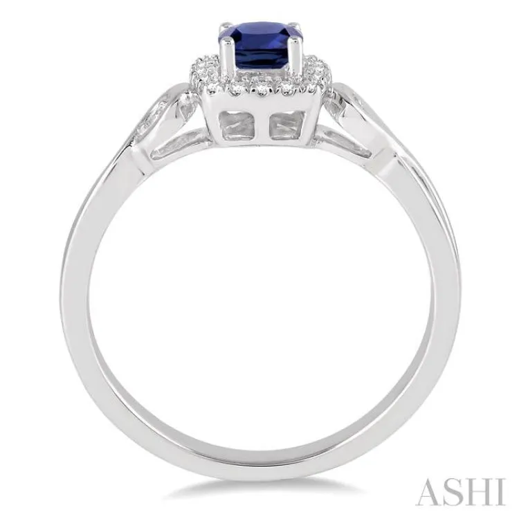 4x4 MM Cushion Shape Sapphire and 1/10 Ctw Round Cut Diamond Ring in 10K White Gold