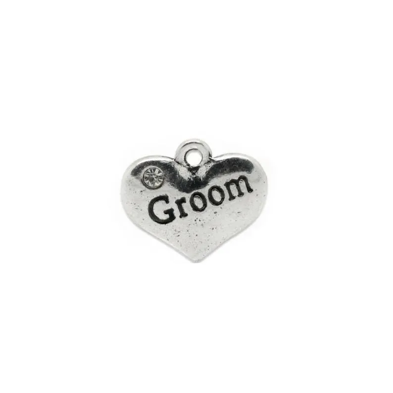 5 Pcs Tibetan Silver and Rhinestone Groom Heart 14X16mm 3D Charms Pendants