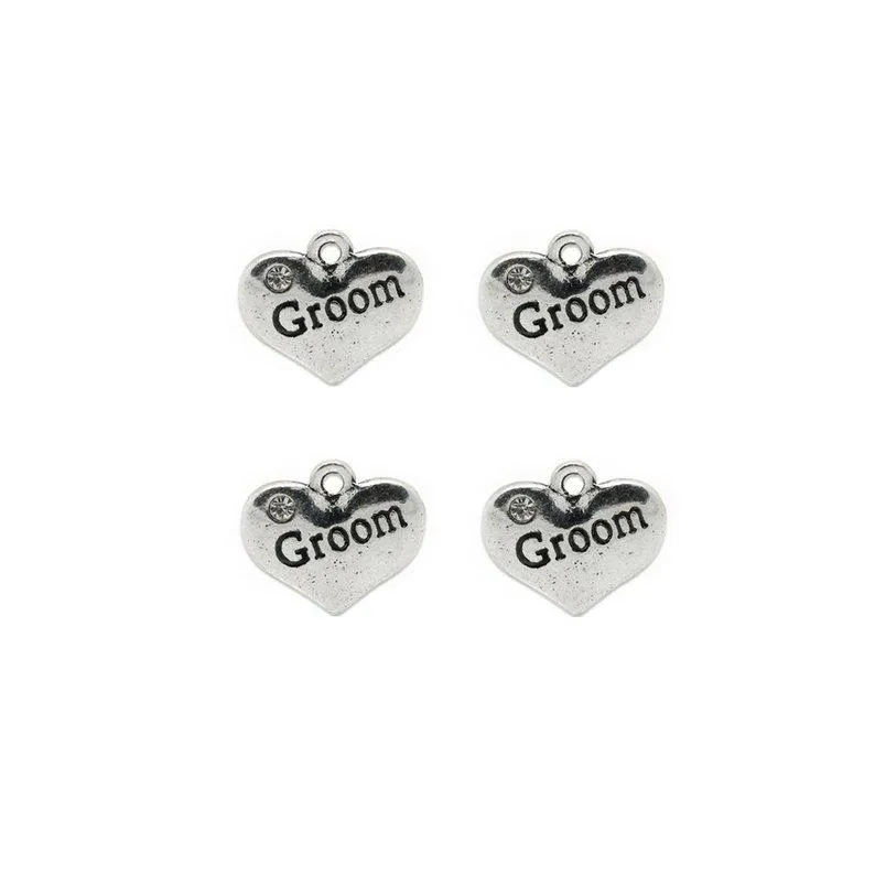 5 Pcs Tibetan Silver and Rhinestone Groom Heart 14X16mm 3D Charms Pendants