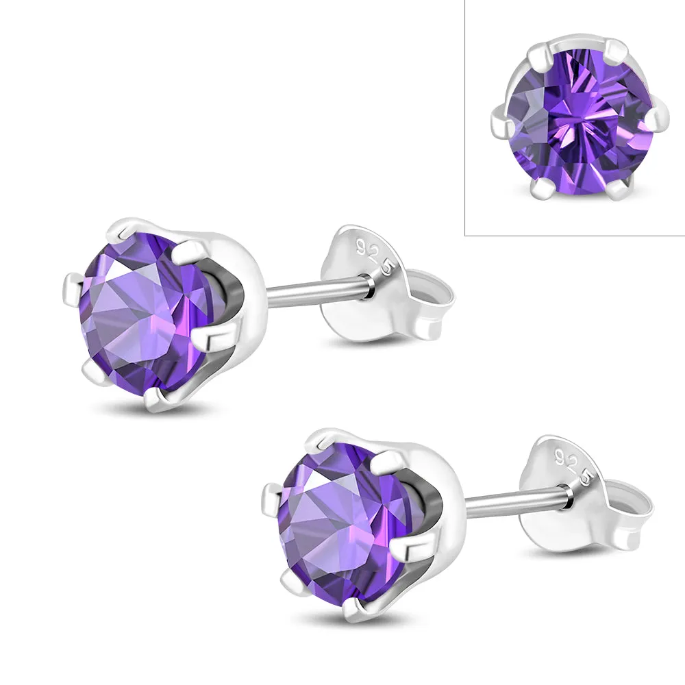 5mm Round Prong-Set Amethyst  CZ Sterling Silver Stud Earrings