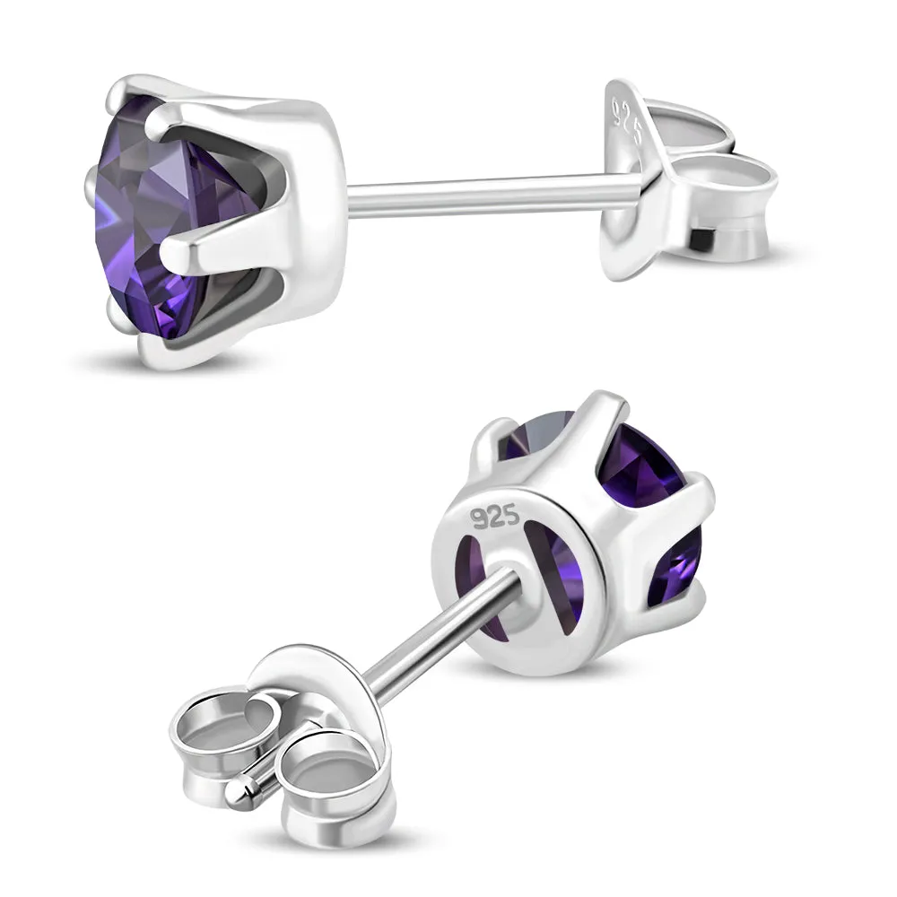 5mm Round Prong-Set Amethyst  CZ Sterling Silver Stud Earrings