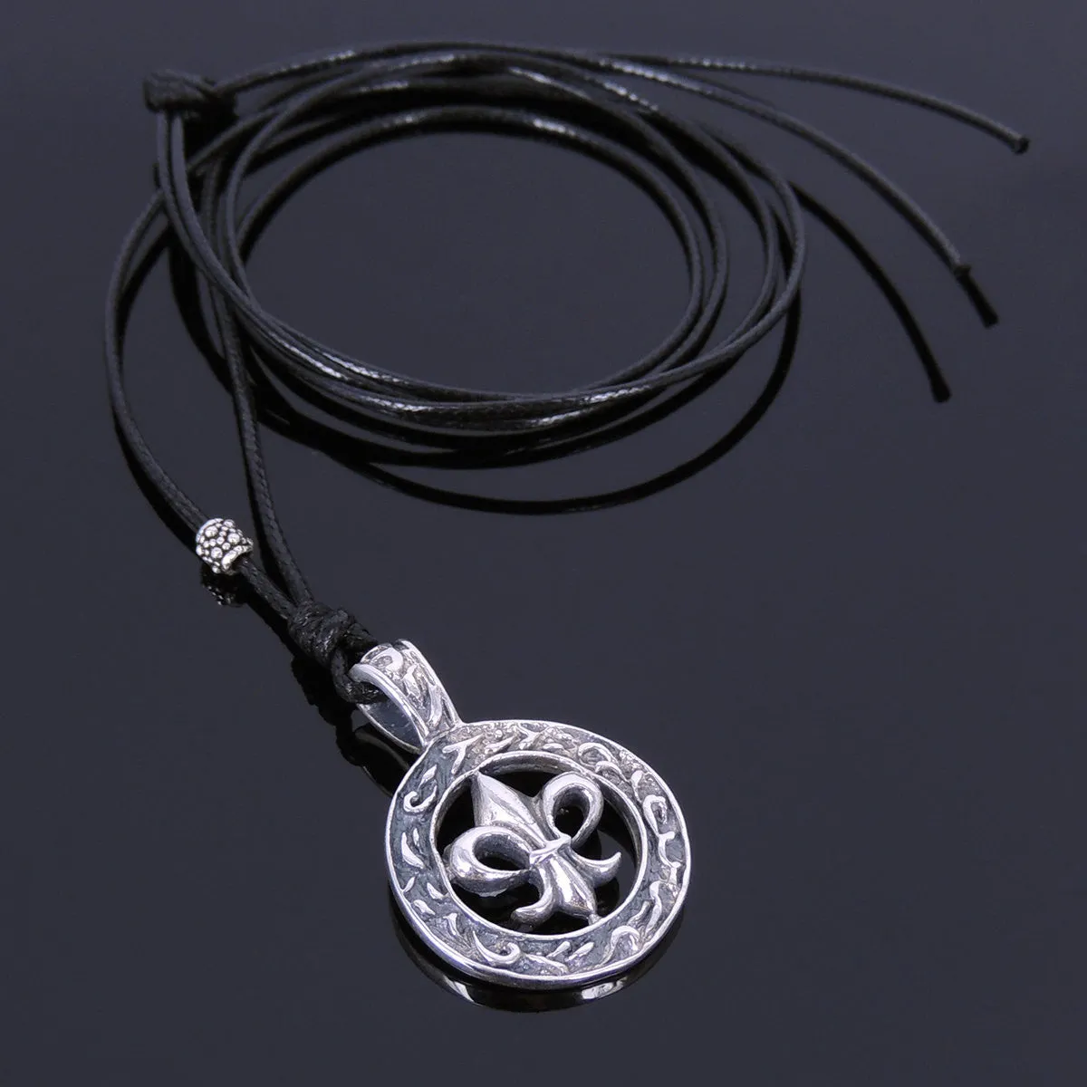 925 Sterling Silver Fleur de Lis Pendant Handmade Adjustable Wax Rope Necklace Men Women DiyNotion NK054