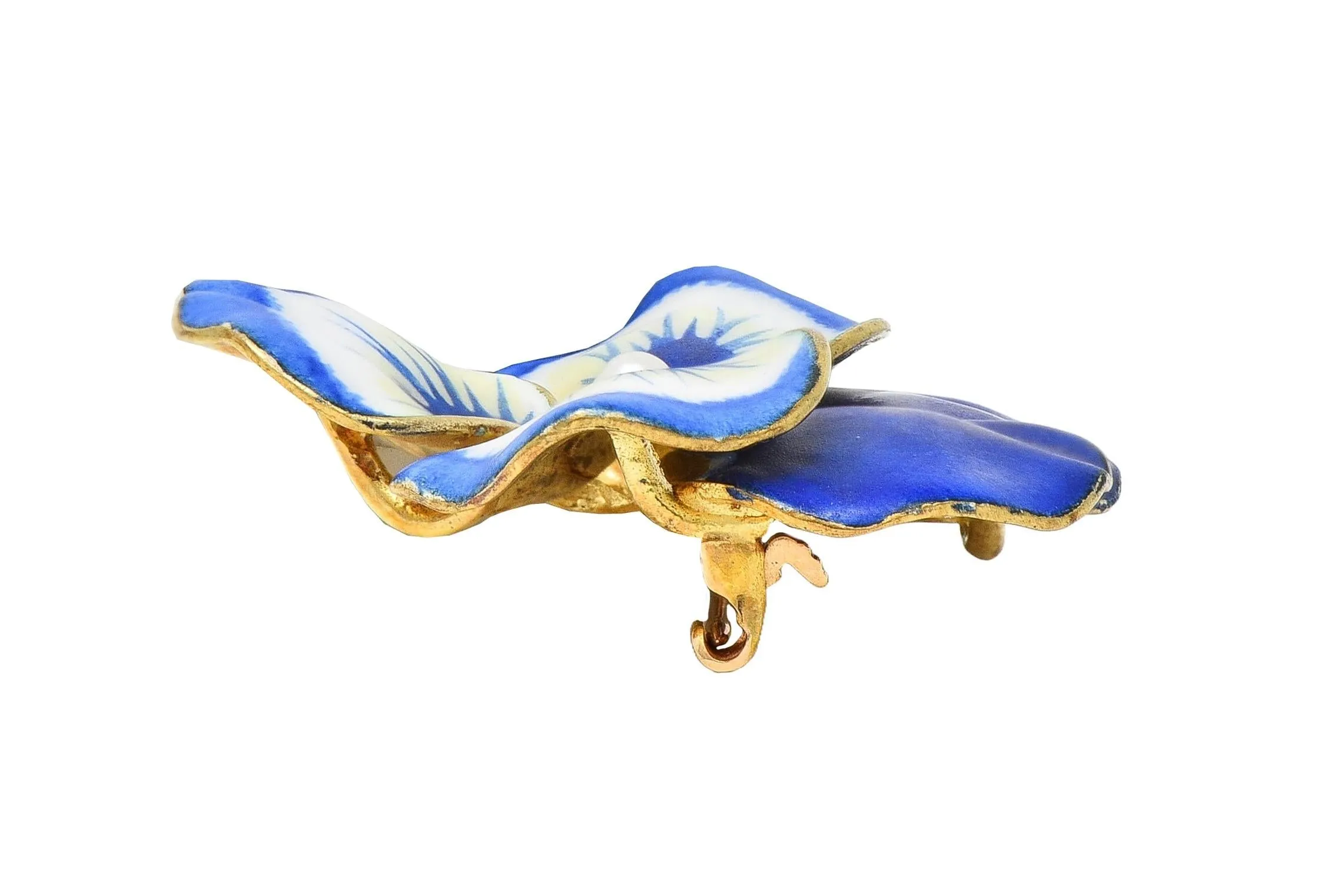 A.J. Hedges & Co. Art Nouveau Blue White Enamel Pearl 14 Karat Yellow Gold Antique Pansy Brooch