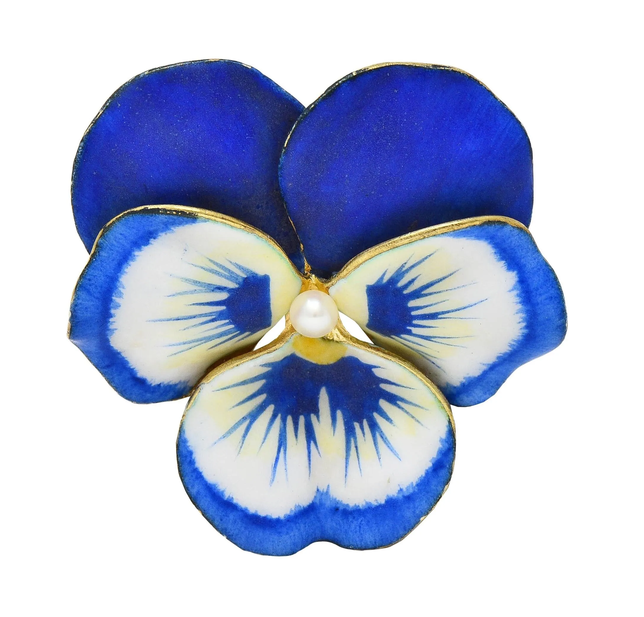 A.J. Hedges & Co. Art Nouveau Blue White Enamel Pearl 14 Karat Yellow Gold Antique Pansy Brooch