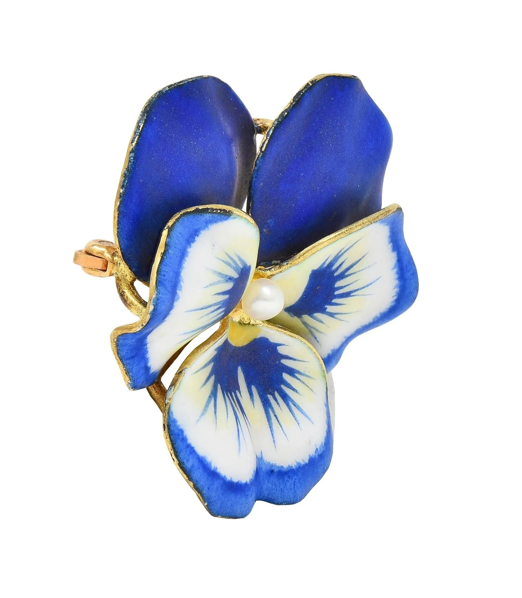 A.J. Hedges & Co. Art Nouveau Blue White Enamel Pearl 14 Karat Yellow Gold Antique Pansy Brooch