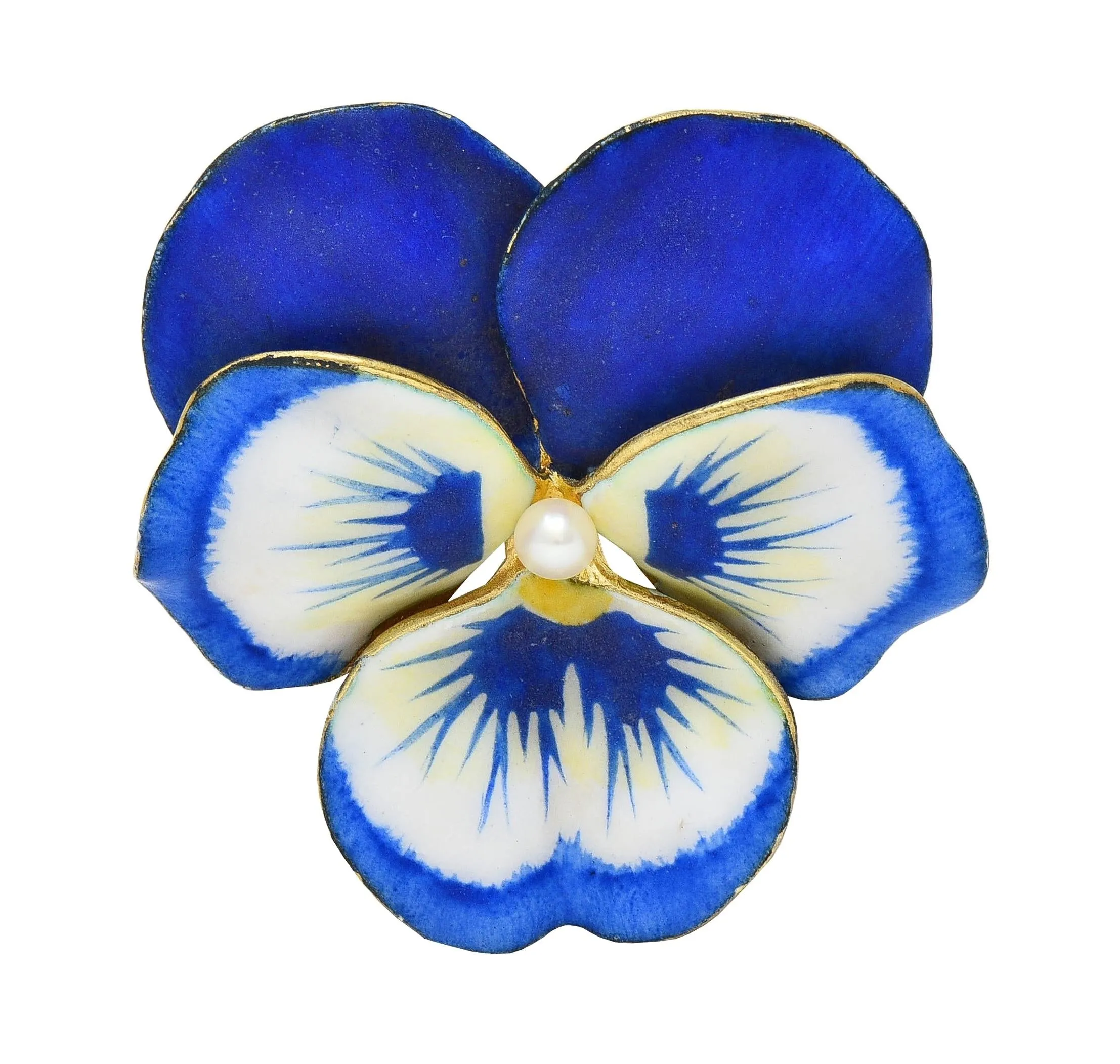 A.J. Hedges & Co. Art Nouveau Blue White Enamel Pearl 14 Karat Yellow Gold Antique Pansy Brooch