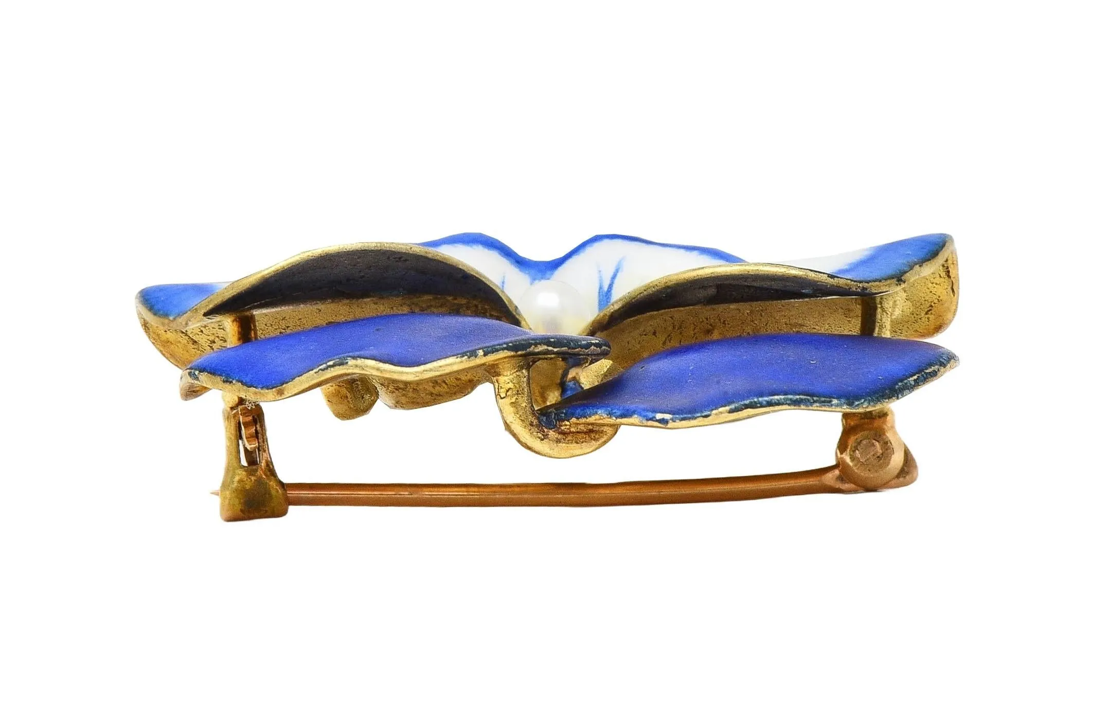 A.J. Hedges & Co. Art Nouveau Blue White Enamel Pearl 14 Karat Yellow Gold Antique Pansy Brooch