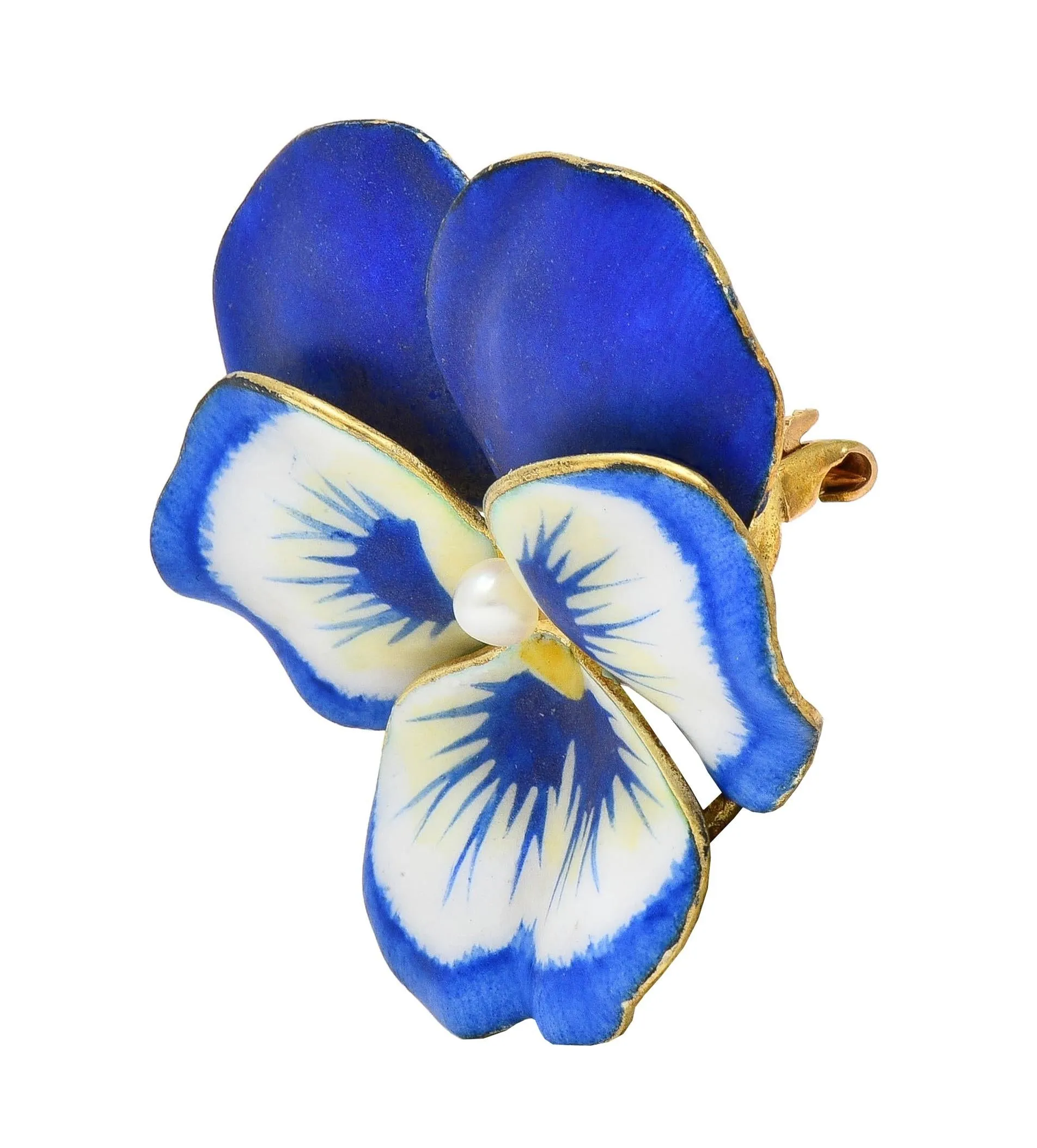 A.J. Hedges & Co. Art Nouveau Blue White Enamel Pearl 14 Karat Yellow Gold Antique Pansy Brooch