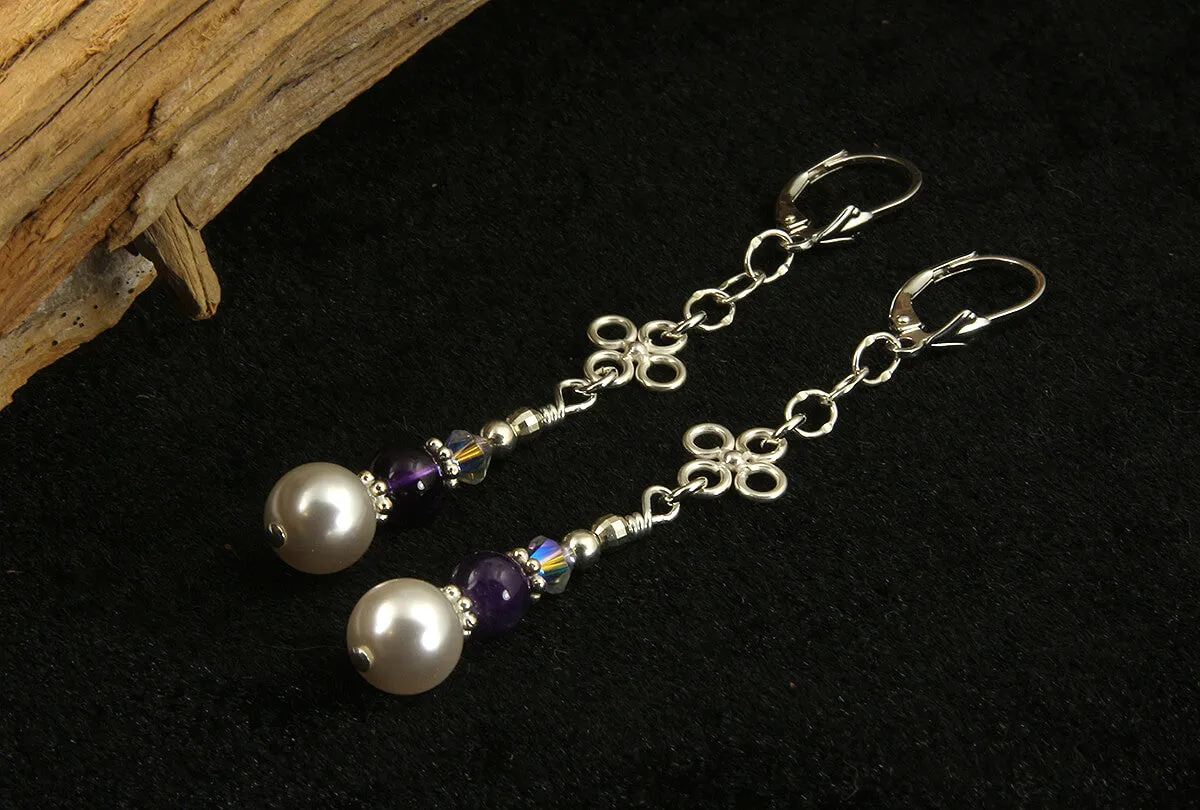 Amethyst Gemstone Pearl Beaded Earrings