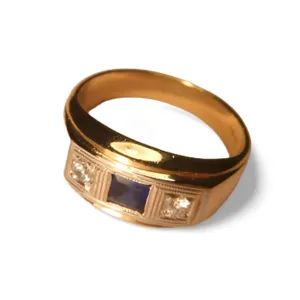 Antique 14K Two-Tone Gold Sapphire Diamond 3-Stone Unisex Band Ring