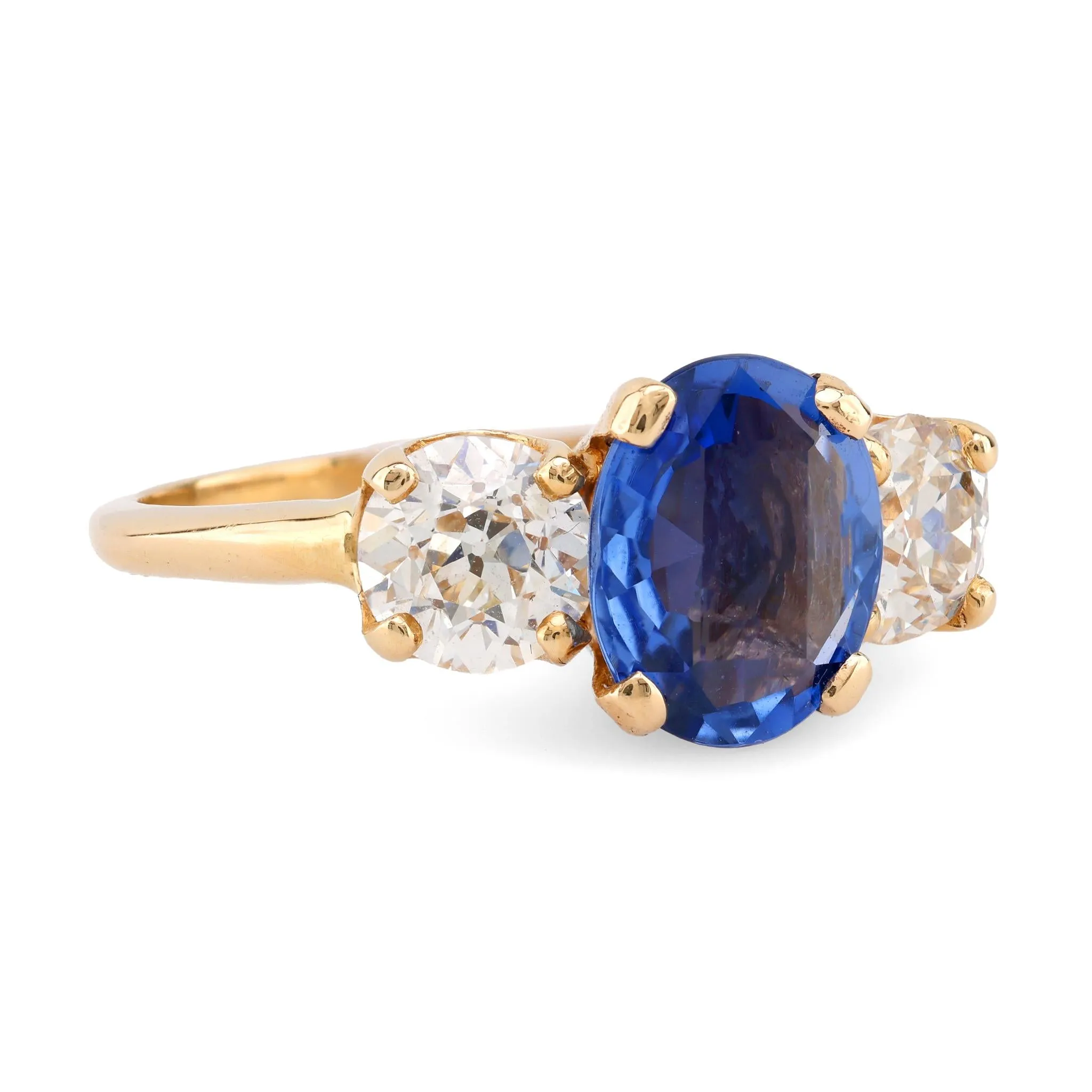 Antique GIA 2.04 Carat No Heat Sapphire Diamond 18K Yellow Gold Three Stone Ring