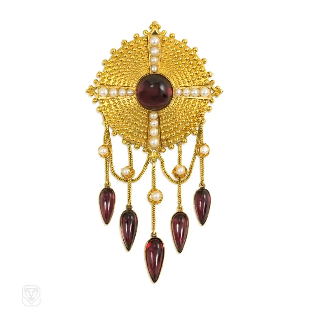 Antique gold, garnet and pearl pendant brooch