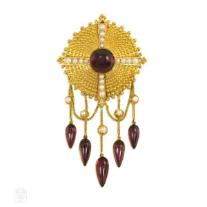 Antique gold, garnet and pearl pendant brooch