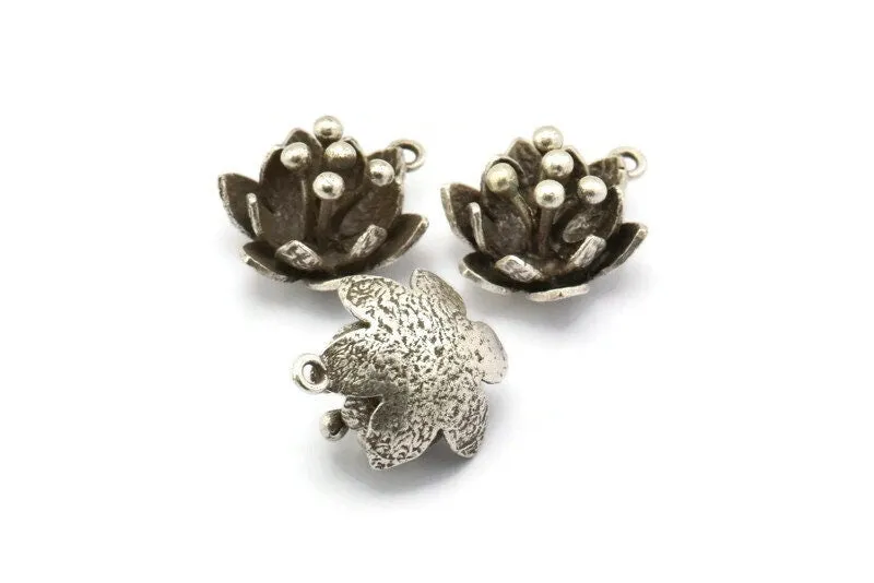 Antique Silver Flower Pendant, 2 Antique Silver Plated Brass Lotus Flower Pendant With 1 Loop, Earring Findings (22.5x17x13mm) BS 1909 H0321