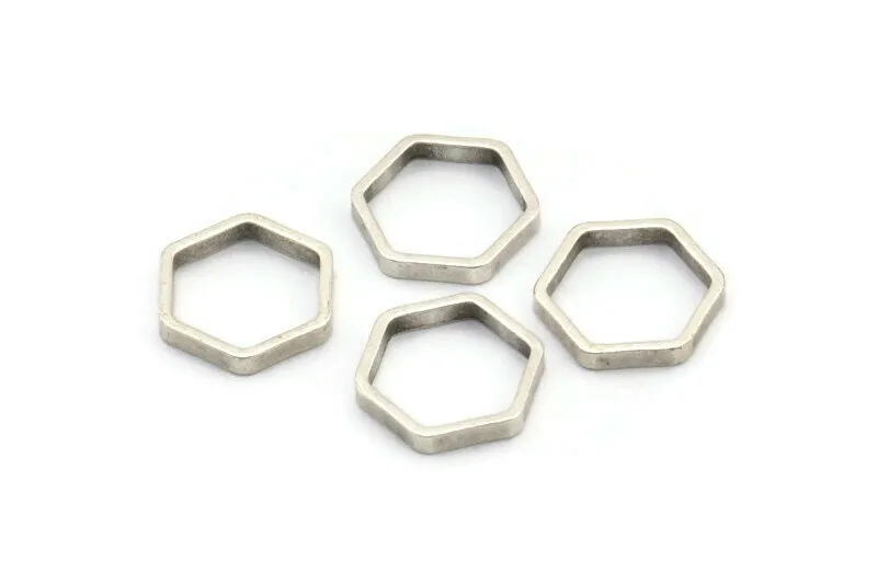 Antique Sİlver Hexagon Charm, 25 Antique Silver Plated Hexagon Ring Charms (12x0.8x2mm) Bs 1178