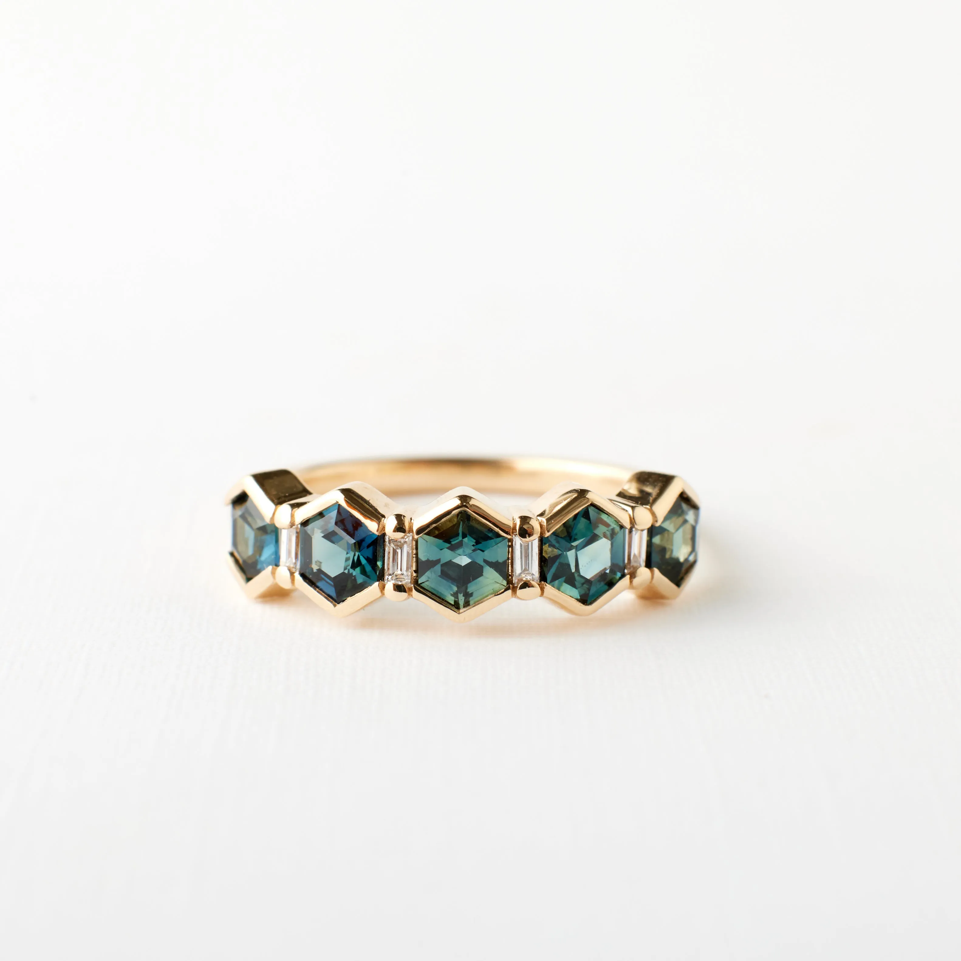 Arden Ring - Teal Blue Hexagon Sapphire   Diamonds