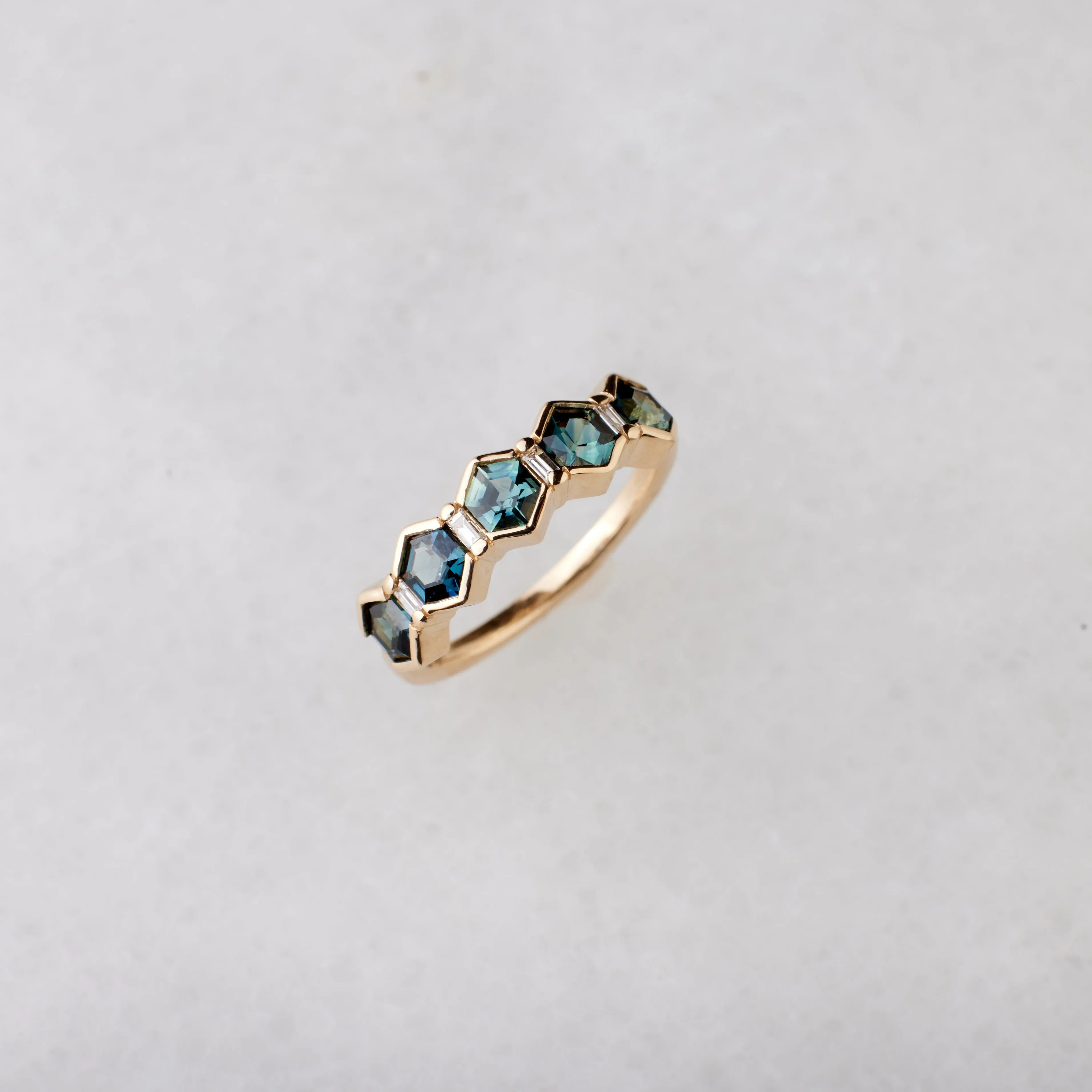 Arden Ring - Teal Blue Hexagon Sapphire   Diamonds