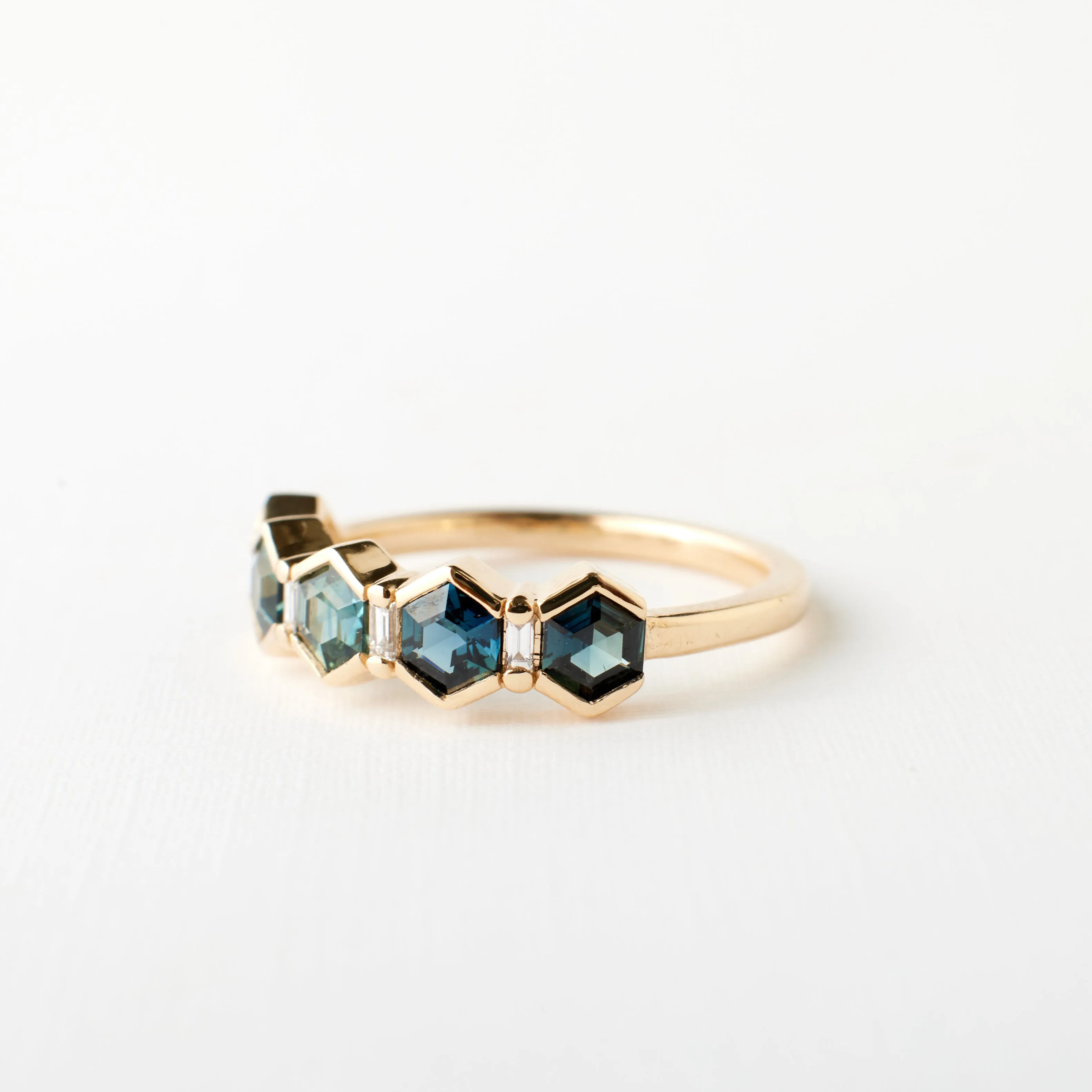 Arden Ring - Teal Blue Hexagon Sapphire   Diamonds