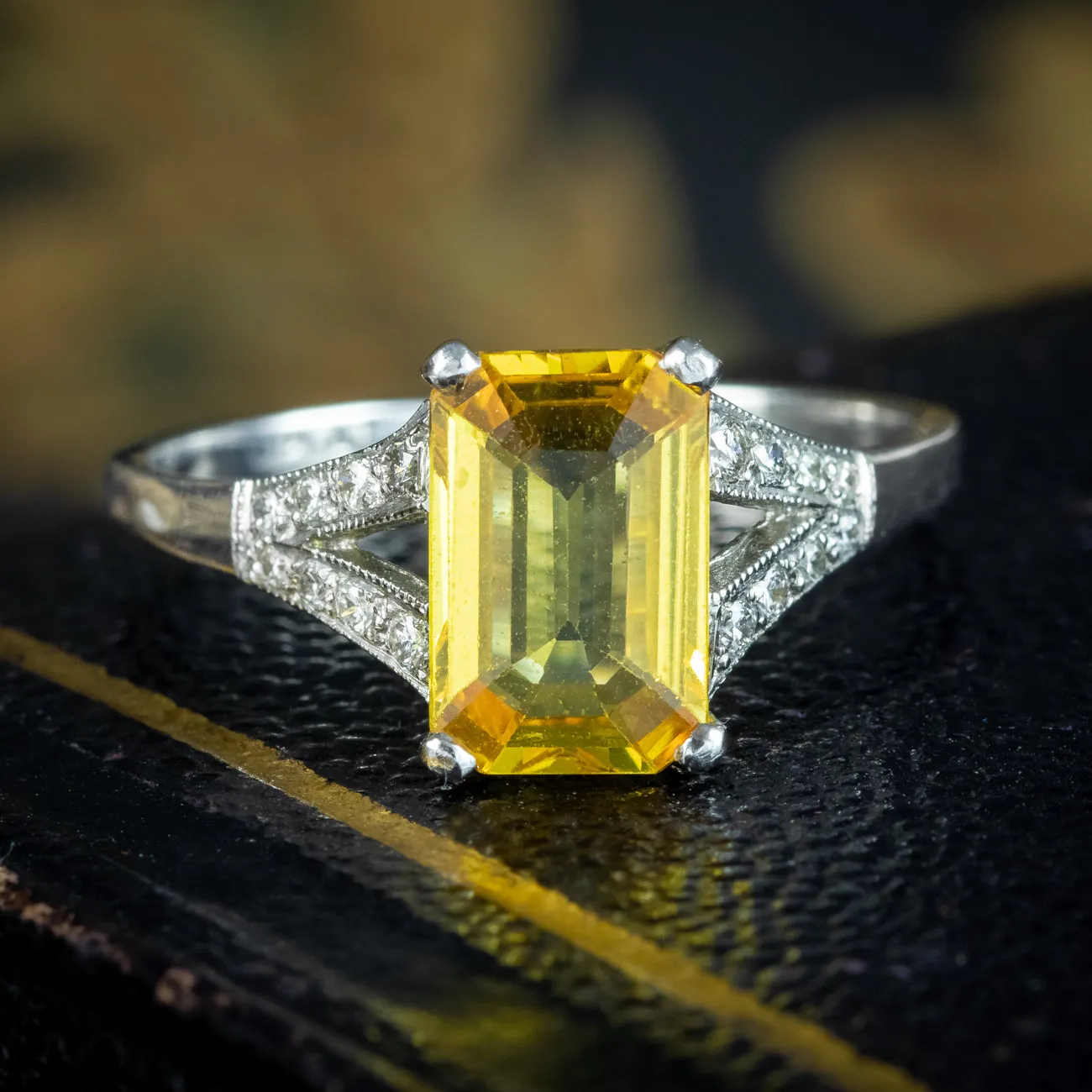 Art Deco Style Yellow Sapphire Diamond Ring 1.8ct Sapphire