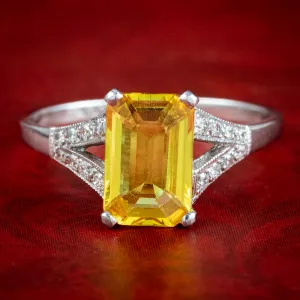 Art Deco Style Yellow Sapphire Diamond Ring 1.8ct Sapphire