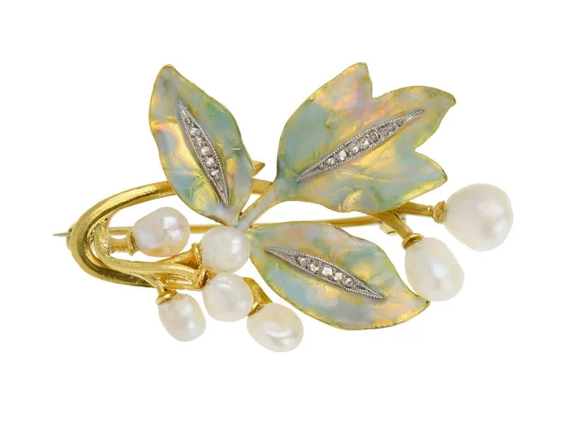 Art Nouveau Enameled Leaf Brooch