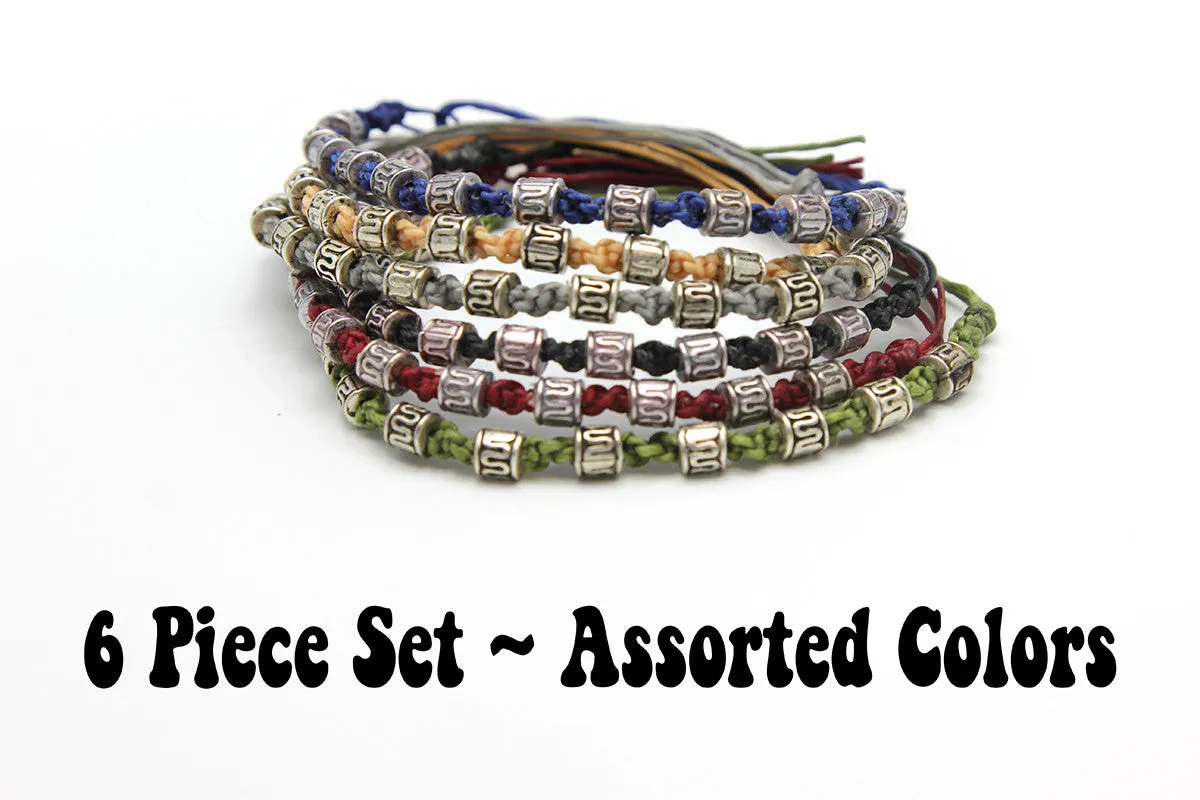 Assorted 6 Pieces Set Thai Waxed String Bracelets with Tribal Beads