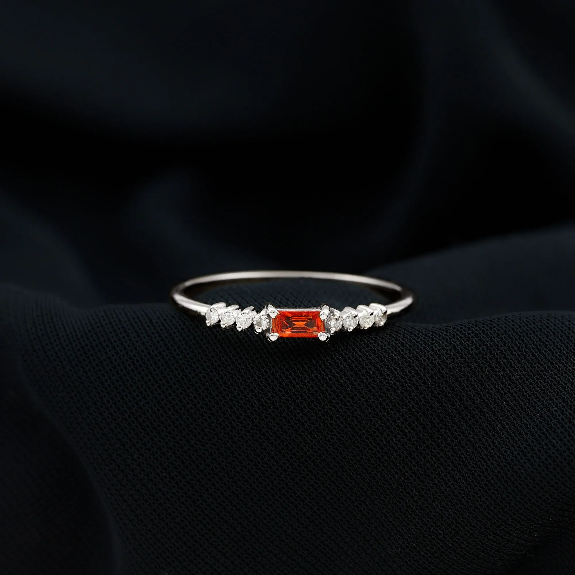 Baguette Cut Lab Grown Orange Sapphire East West Promise Ring with Diamond