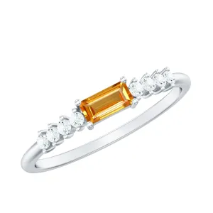 Baguette Cut Lab Grown Orange Sapphire East West Promise Ring with Diamond