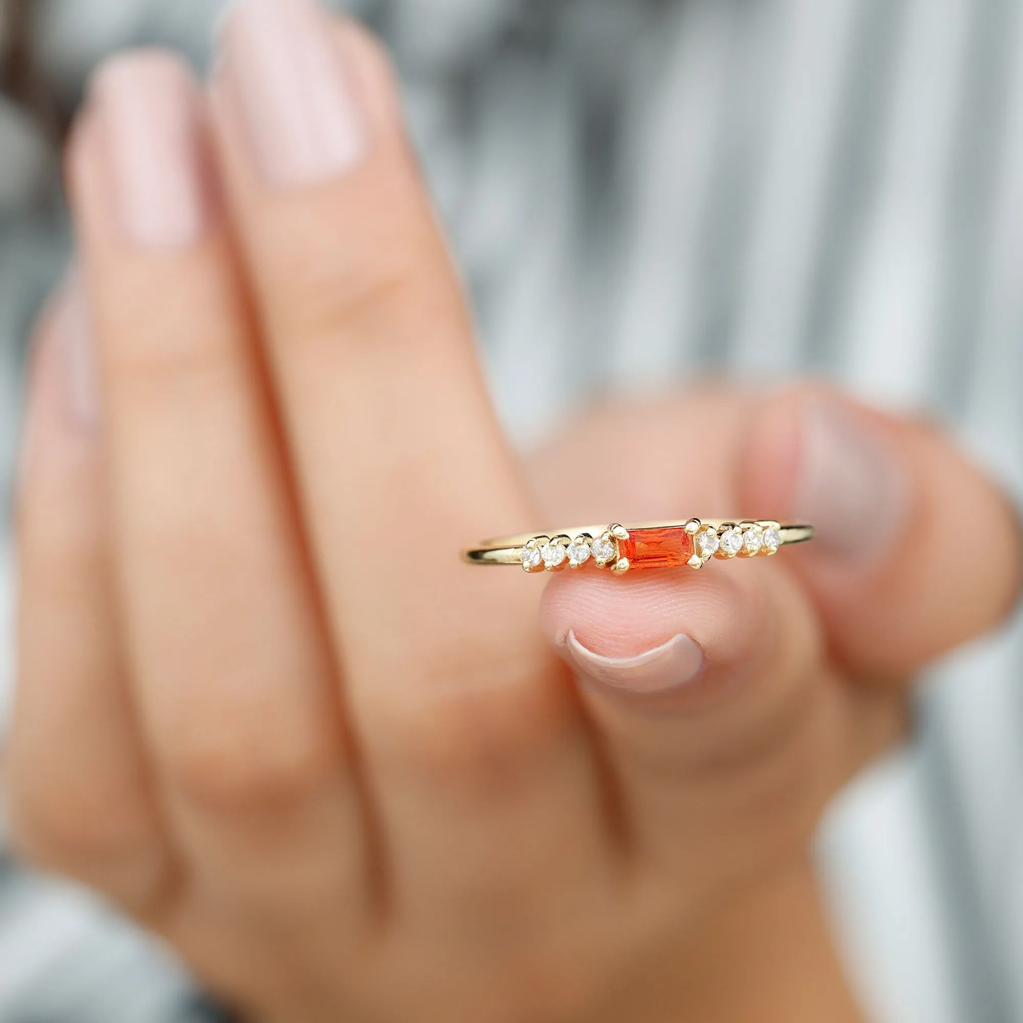 Baguette Cut Lab Grown Orange Sapphire East West Promise Ring with Diamond