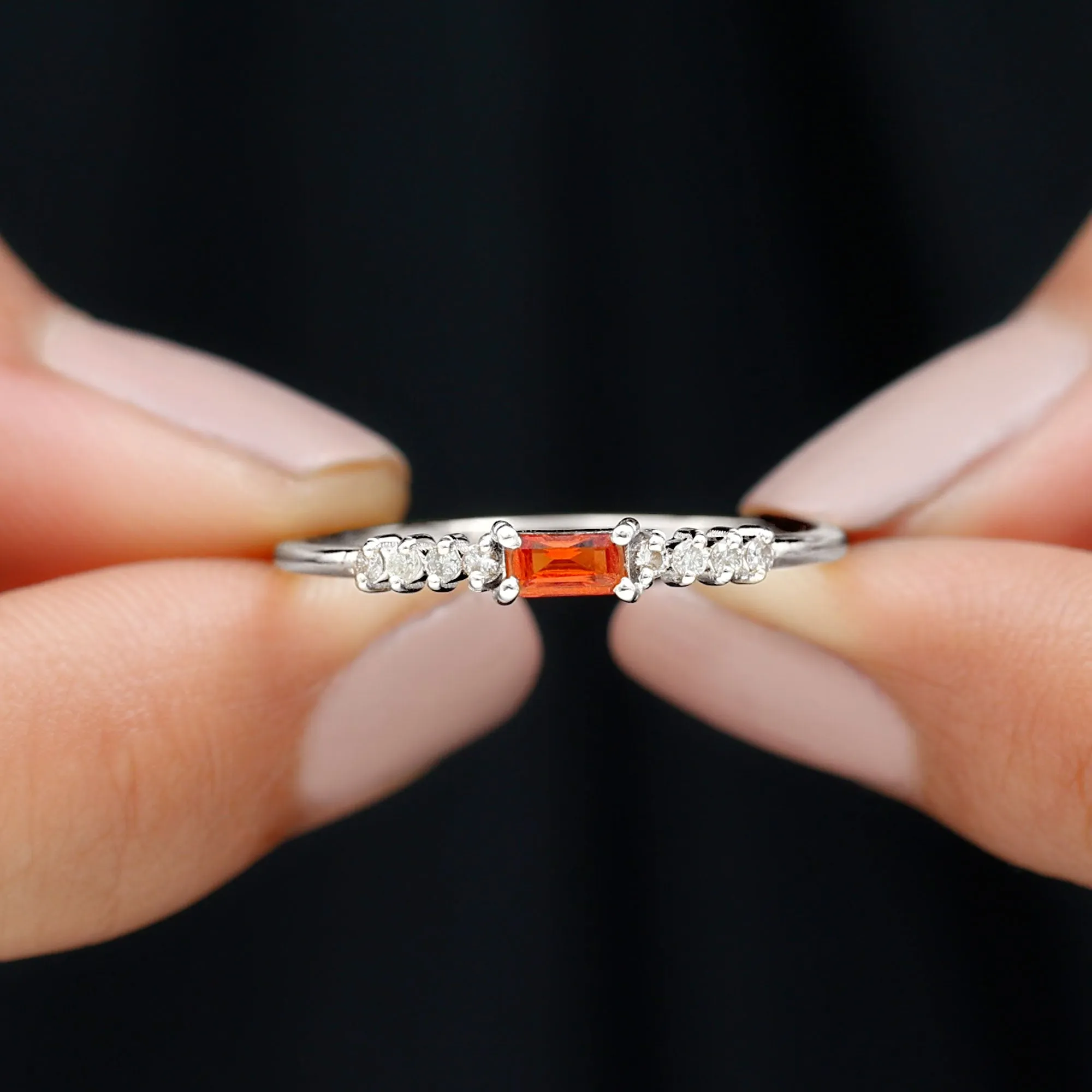 Baguette Cut Lab Grown Orange Sapphire East West Promise Ring with Diamond